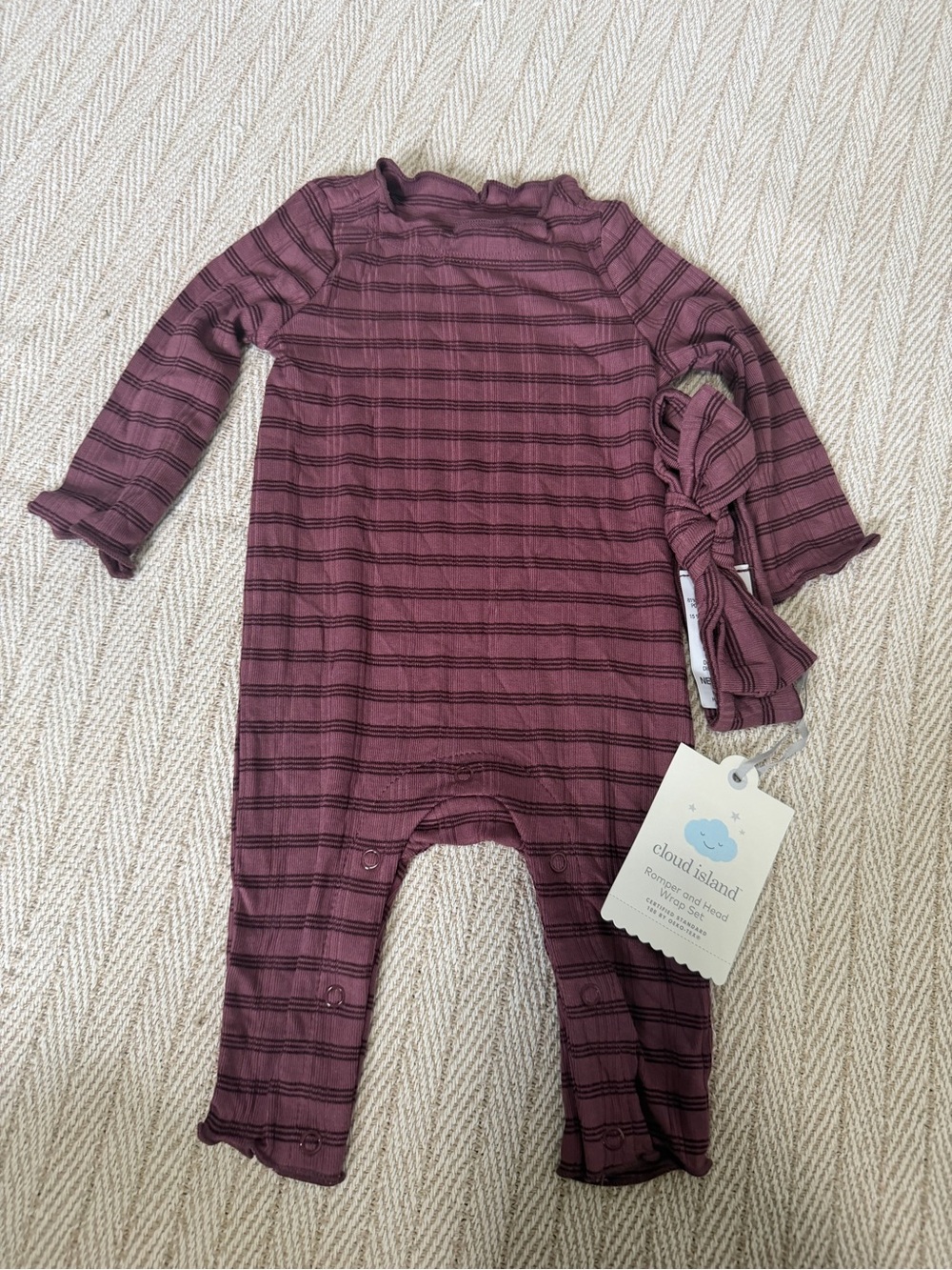 cloud island Plum Striped Ruffle Neck Footed One-Piece with Headband
